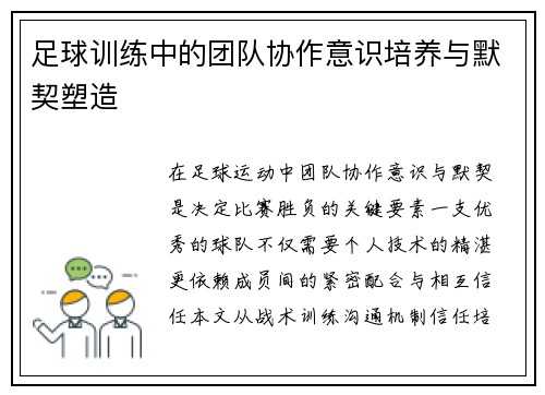 足球训练中的团队协作意识培养与默契塑造